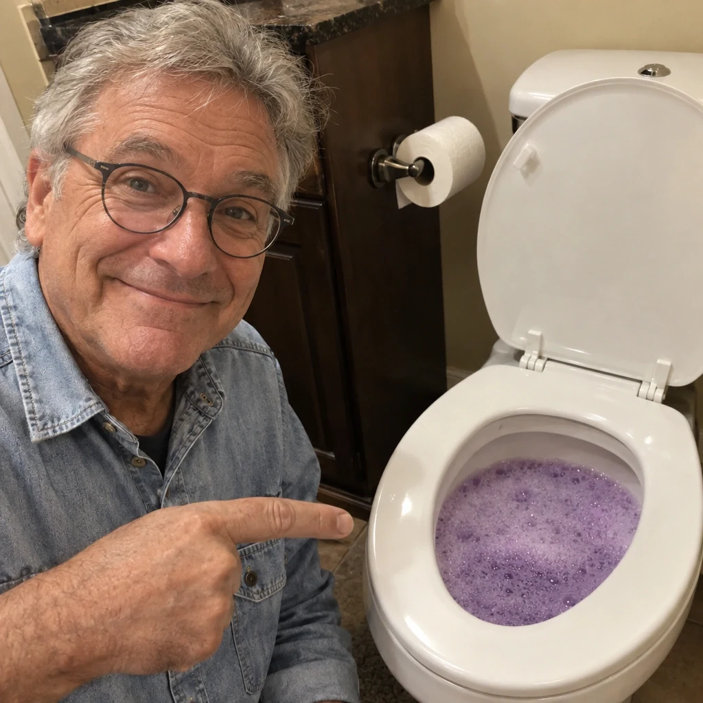 Smiling man pointing at a toilet full of purple foam