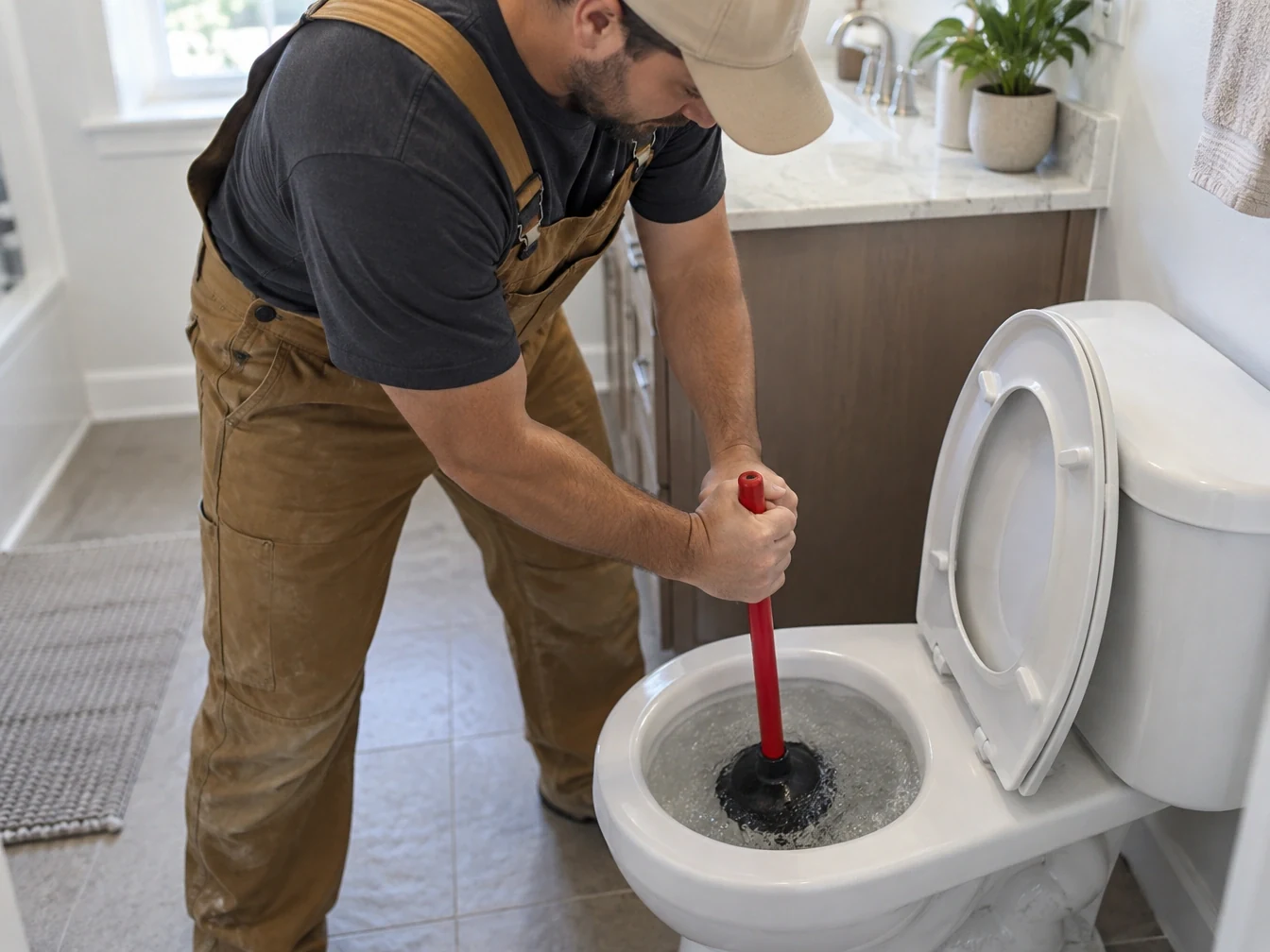 Plumber using a red pump plunger in a toilet bowl