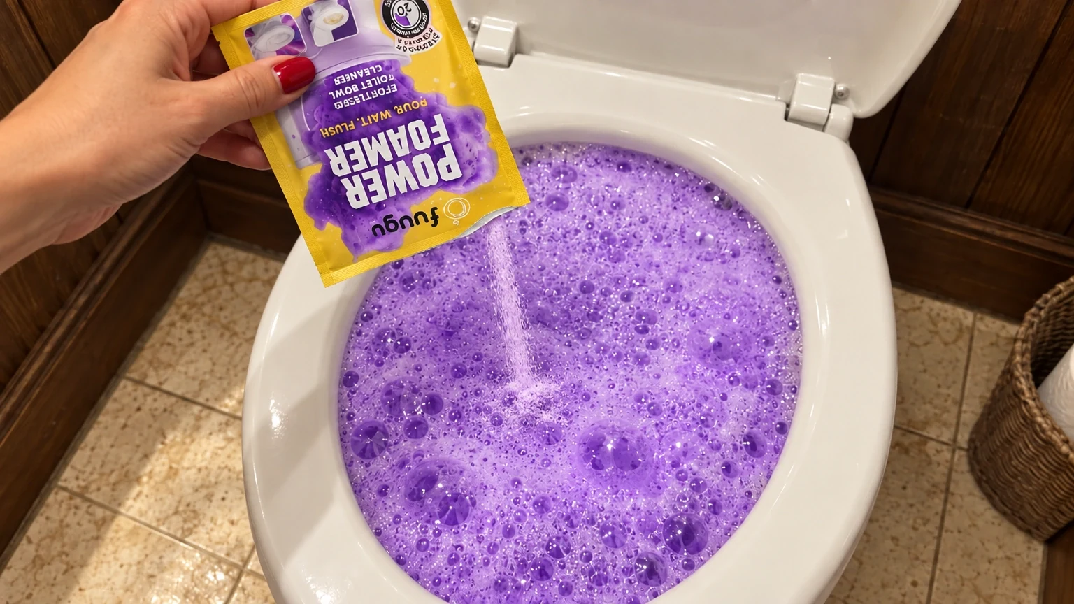 A hand holding a torn-open Fuugu pouch upside down, purple powder falling from its open top into a toilet bowl full of purple foam