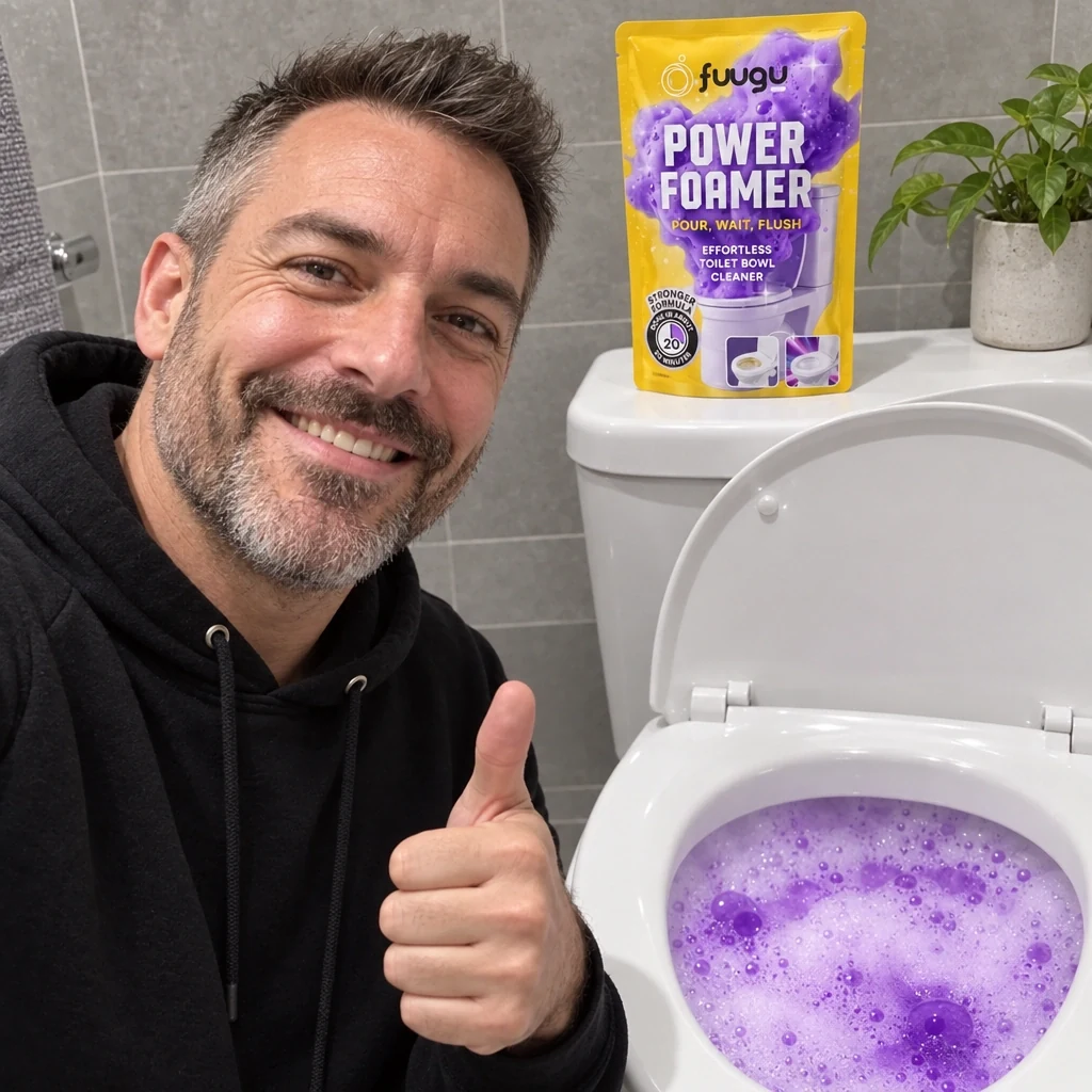 Man in a hoodie giving a thumbs up with a Fuugu pouch on the toilet tank
