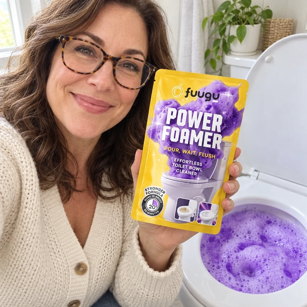 Woman in glasses holding a Fuugu pouch beside a toilet