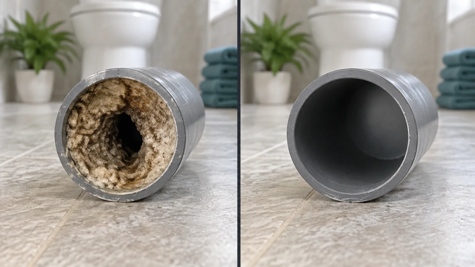 Split image: a pipe section crusted with buildup on the left, the same pipe clean on the right