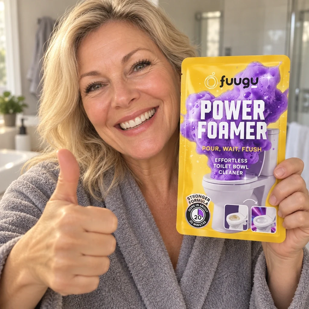 Woman in a robe giving a thumbs up while holding a Fuugu pouch